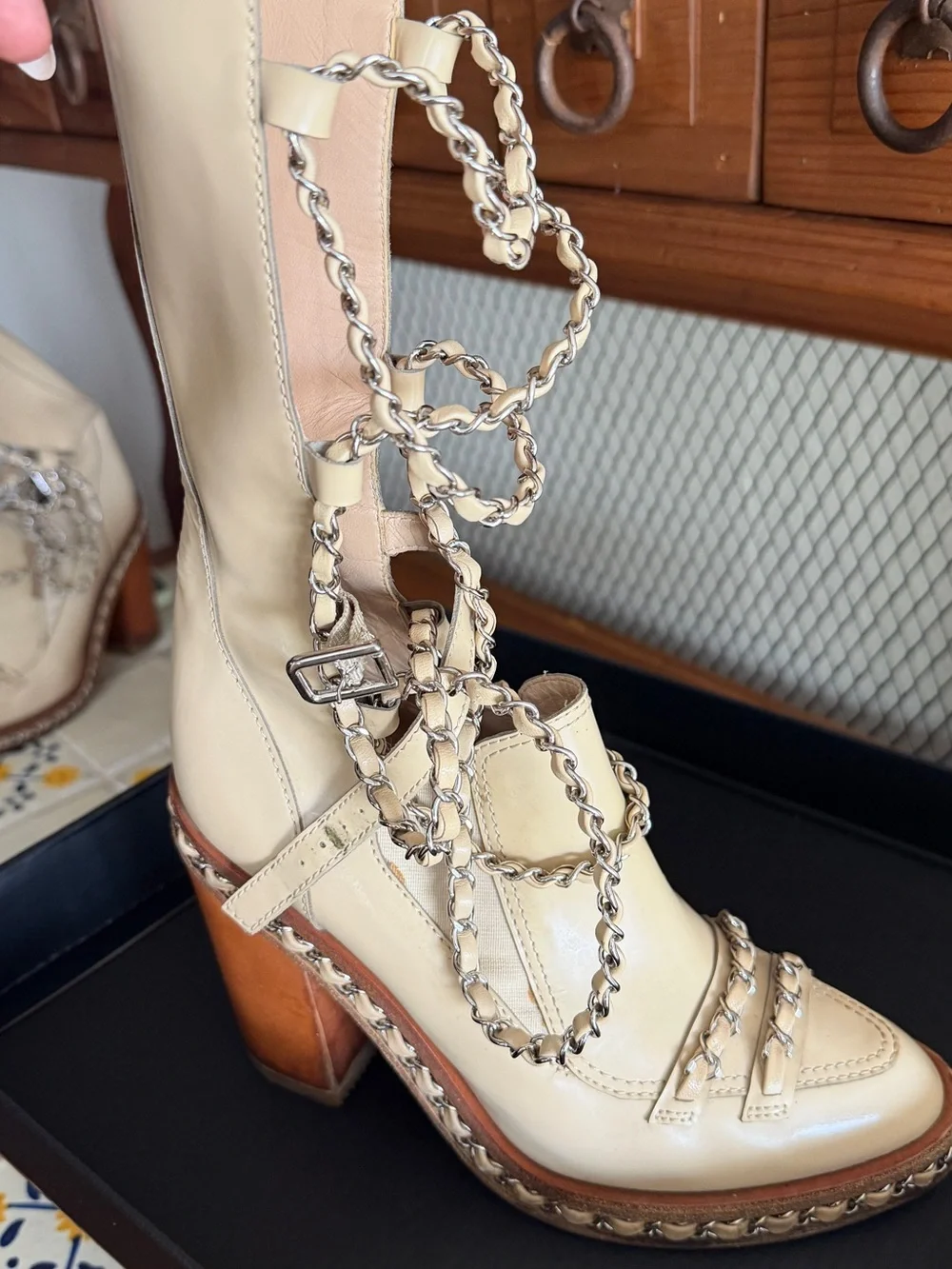 CHANEL Beige Leather Lace-Up Chain Detail Boots